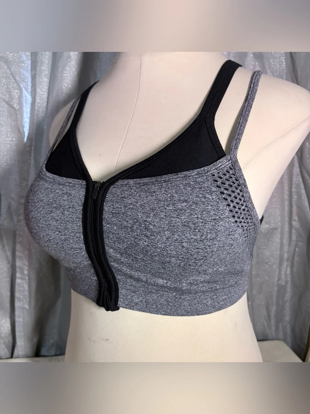 Athletic Works Gray and Black Front-Zip double layer  Sports Bra